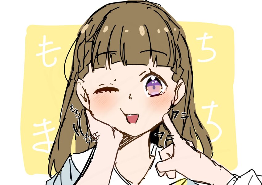 3girls ;d blunt_bangs blush border braid brown_hair center-flap_bangs cheek_poking cheek_press commentary dress hand_on_another&#039;s_cheek hand_on_another&#039;s_face hasu_no_sora_school_uniform highres kachimachi_kosuzu kisaragi_yukitora link!_like!_love_live! long_hair looking_at_viewer love_live! multiple_girls one_eye_closed open_mouth outside_border poking portrait purple_eyes sailor_collar sailor_dress school_uniform side_braids smile solo_focus summer_uniform virtual_youtuber white_border white_sailor_collar yellow_background