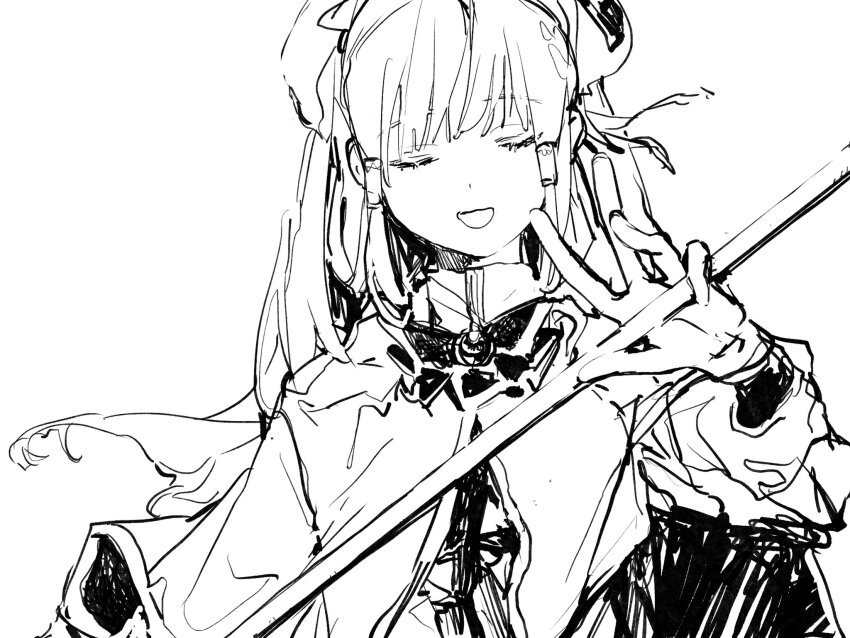 1girl alicia_florence aria_(manga) aria_company_uniform bad_id bad_twitter_id beret blunt_bangs capelet closed_eyes facing_viewer greyscale hand_up hat highres inactive_account long_hair monochrome open_mouth simple_background smile solo suiso_(owp) upper_body white_background