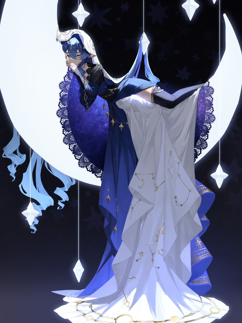 1girl absurdres alternate_costume baiyinzhideng black_background black_dress blue_dress blue_hair closed_eyes constellation_print crescent_moon dress drill_hair drill_sidelocks genshin_impact hair_between_eyes highres jewelry layered_dress layered_sleeves layla_(genshin_impact) leo_(constellation) long_bangs long_sleeves moon on_crescent parted_lips pointy_ears scorpius_(constellation) short_over_long_sleeves short_sleeves sidelocks sleeping solo star_(symbol) thighlet twin_drills two-tone_dress veil white_veil