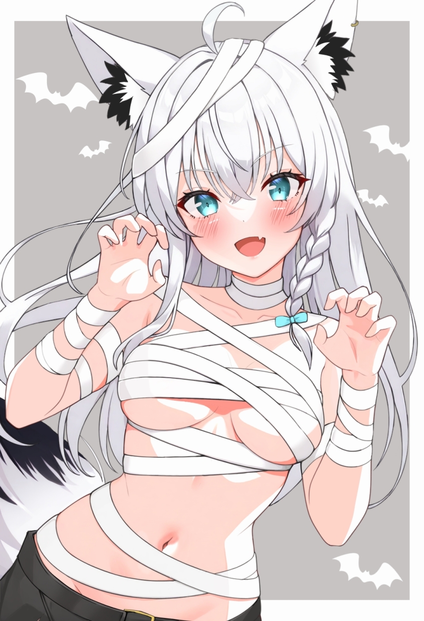 1girl ahoge alternate_costume animal_ears aqua_eyes beaterpx black_shorts blush claw_pose fang fox_ears fox_girl fox_tail highres hololive long_hair looking_at_viewer mummy_costume shirakami_fubuki shorts skin_fang smile solo tail virtual_youtuber white_hair