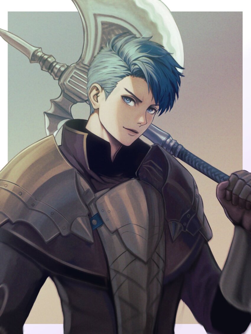 1boy armor axe black_shirt blue_eyes blue_hair border breastplate caspar_von_bergliez caspar_von_bergliez_(timeskip) closed_mouth commentary fire_emblem fire_emblem:_three_houses gauntlets highres holding holding_axe holding_weapon looking_to_the_side male_focus mixed-language_commentary nintendo outside_border over_shoulder parted_hair pauldrons shirt short_hair short_sideburns shoulder_armor sideways_glance solo upper_body weapon weapon_over_shoulder white_border wrainbow13