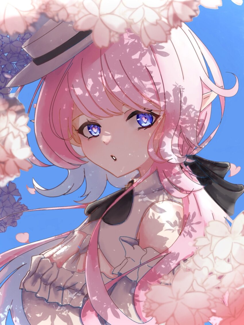 0o_y_u 1girl :o blue_eyes blue_sky breasts cherry_blossoms cleavage dress elf elysia_(honkai_impact) elysia_(sweet_memories)_(honkai_impact) falling_petals from_side hat highres honkai_(series) honkai_impact_3rd large_breasts long_hair official_alternate_costume petals pink_hair pointy_ears sky solo tilted_headwear upper_body white_dress white_hat