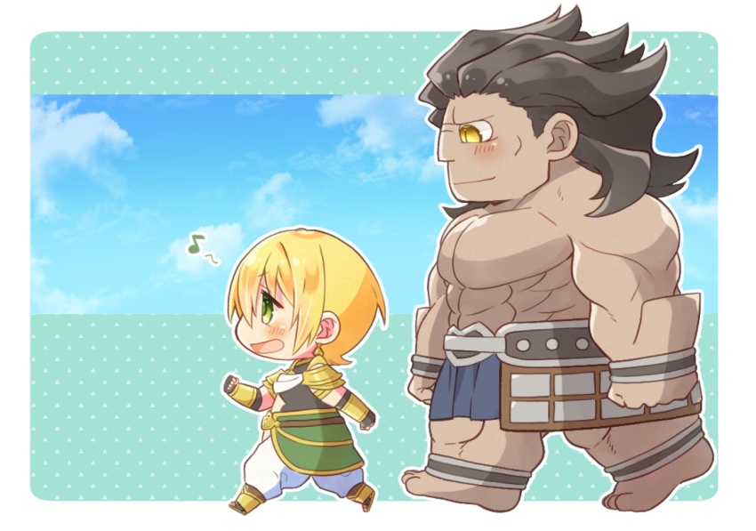 2boys armor black_hair blonde_hair chibi dark-skinned_male dark_skin earrings fate/grand_order fate_(series) fingerless_gloves gloves goshipiumu green_eyes heracles_(fate) highres jason_(fate) jewelry long_hair male_focus messy_hair multiple_boys muscular muscular_male open_mouth short_hair smile