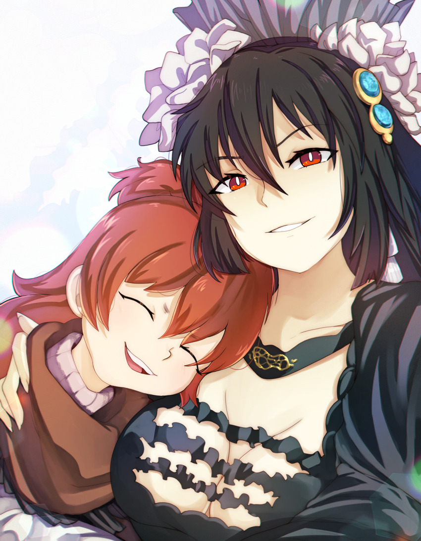 2girls absurdres black_hair breasts cleavage dungeon_toaster highres looking_at_viewer miracle_tou multiple_girls orange_hair rance_(series) rance_x red_eyes upper_body white_background