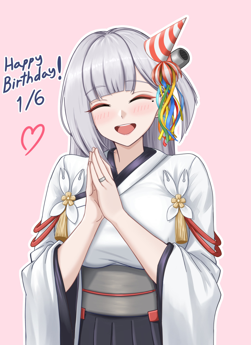 1girl absurdres azur_lane black_skirt blush breasts closed_eyes commentary crane_enthusiast english_commentary eyeshadow facing_viewer hands_up happy happy_birthday hat highres japanese_clothes jewelry kimono large_breasts long_hair makeup own_hands_together party_hat pleated_skirt red_eyeshadow ring shoukaku_(azur_lane) skirt solo teeth upper_body upper_teeth_only very_long_hair wedding_ring white_hair white_kimono wide_sleeves