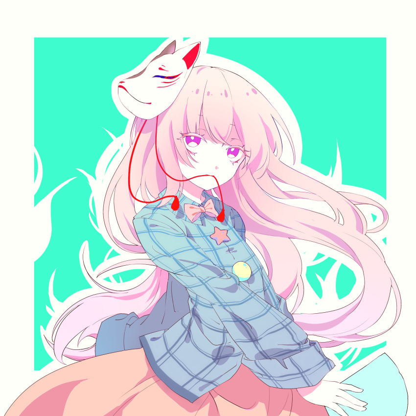 1girl aqua_shirt bubble_skirt circle expressionless fox_mask hand_fan hata_no_kokoro highres holding holding_fan mask mask_on_head pink_eyes pink_hair plaid_clothes plaid_shirt shirt skirt solo touhou upper_body zhixie_jiaobu