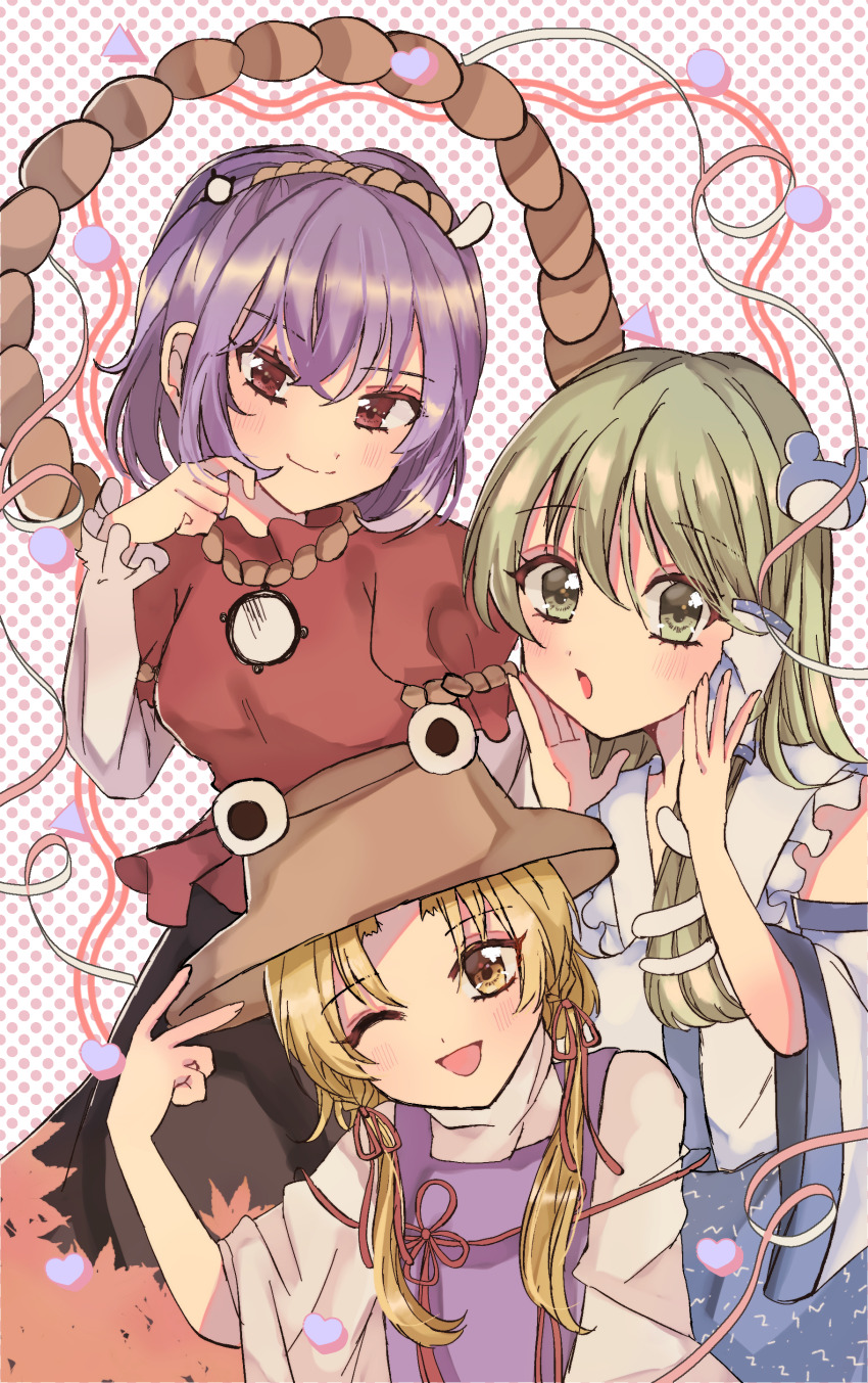 151moneco 3girls absurdres black_skirt blonde_hair blue_skirt blush breasts brown_hat closed_mouth commentary_request detached_sleeves frog_hair_ornament green_eyes green_hair hair_ornament hair_ribbon hair_tubes hat highres kochiya_sanae layered_sleeves long_hair long_sleeves looking_at_viewer medium_hair mirror moriya_suwako multiple_girls one_eye_closed open_mouth purple_hair purple_vest red_eyes red_ribbon red_shirt red_skirt ribbon rope shimenawa shirt short_over_long_sleeves short_sleeves single_hair_tube skirt smile snake_hair_ornament touhou tress_ribbon two-tone_shirt vest wide_sleeves yasaka_kanako yellow_eyes