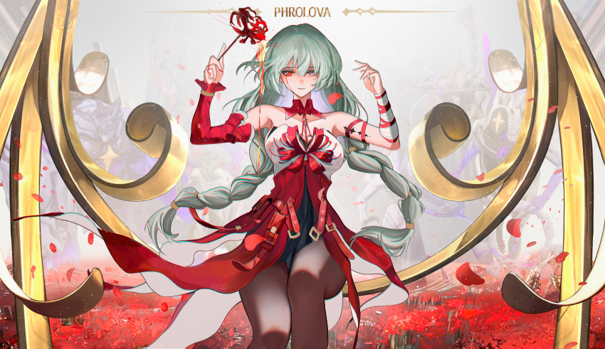 1girl absurdres bandaged_arm bandages bare_shoulders black_skirt blood bloody_tears braid breasts character_name commentary detached_sleeves dress feet_out_of_frame flower grey_eyes grey_pantyhose heterochromia highres holding holding_flower large_breasts long_hair looking_at_viewer low_twin_braids nervi_fd pantyhose parted_lips phrolova_(wuthering_waves) red_dress red_eyes single_detached_sleeve skirt solo spider_lily tacet_discord_(wuthering_waves) tacet_mark_(wuthering_waves) twin_braids very_long_hair wuthering_waves