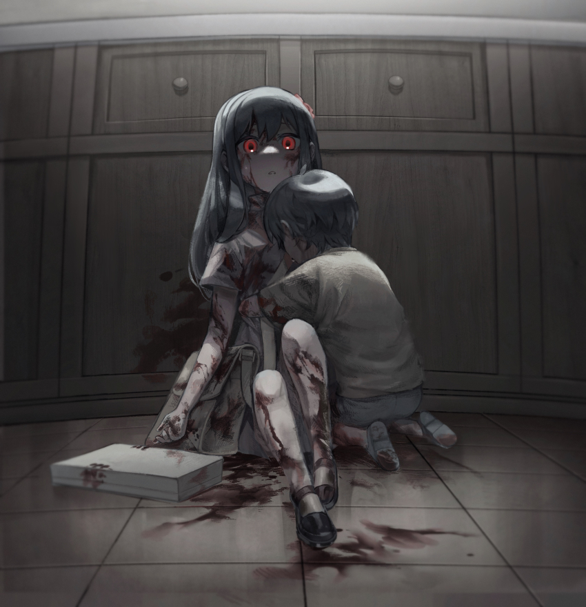 1boy 1girl absurdres aged_down blood blood_on_clothes blood_on_face brother_and_sister dule_(anhaidule) highres hug indoors long_hair red_eyes short_hair siblings sitting spy_x_family yor_briar yuri_briar