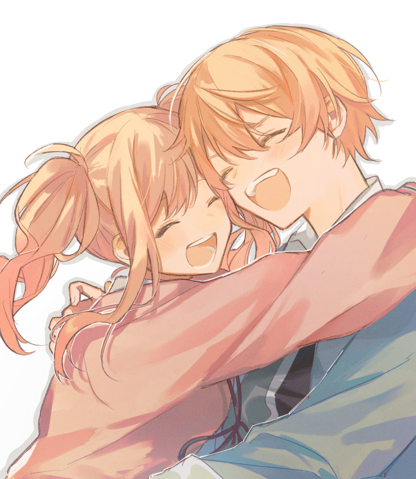 1boy 1girl blonde_hair blue_cardigan brother_and_sister cardigan closed_eyes collared_shirt commentary_request facing_another hair_between_eyes hand_on_another&#039;s_shoulder highres hug kamiyama_high_school_uniform_(project_sekai) long_hair long_sleeves open_mouth orange_hair pink_cardigan project_sekai school_uniform shirt short_hair siblings simple_background smile sseri_0 teeth tenma_saki tenma_tsukasa twintails upper_teeth_only white_background white_shirt