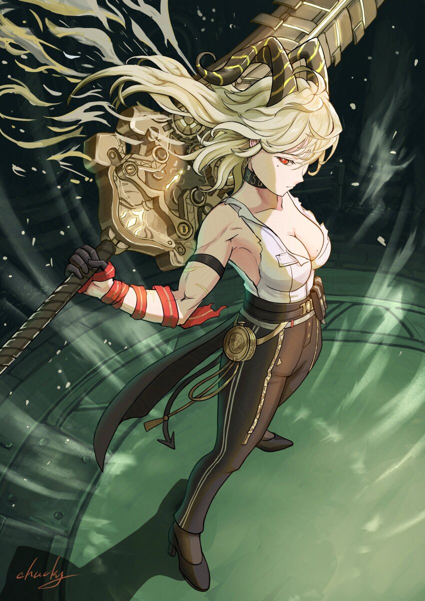 1girl absurdres arm_strap black_choker black_horns black_pants black_shoes blonde_hair breasts choker chucky_(chucky1000sun) closed_mouth collarbone commentary_request curled_horns full_body greatsword high_heels highres holding holding_behind_back holding_sword holding_sword_behind_back holding_weapon holding_weapon_behind_back horns large_breasts long_hair looking_at_viewer mole mole_on_breast mole_under_eye muscular muscular_female necktie necktie_around_wrists pants red_necktie shirt shirt_tucked_in shoes sideways_glance signature solo sword torn_clothes torn_shirt weapon white_shirt wuthering_waves zani_(wuthering_waves)