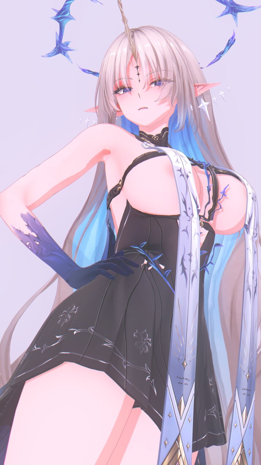 1girl 3d abilfloridaarts absurdres armpits bare_shoulders black_dress black_skirt breast_curtains breasts closed_mouth cowboy_shot dress fleurdelys_(wuthering_waves) frown gauntlets highres horns large_breasts long_hair looking_at_viewer parted_bangs pointy_ears purple_eyes sidelocks single_horn skirt solo tacet_mark_(wuthering_waves) thighs very_long_hair wuthering_waves yellow_horns