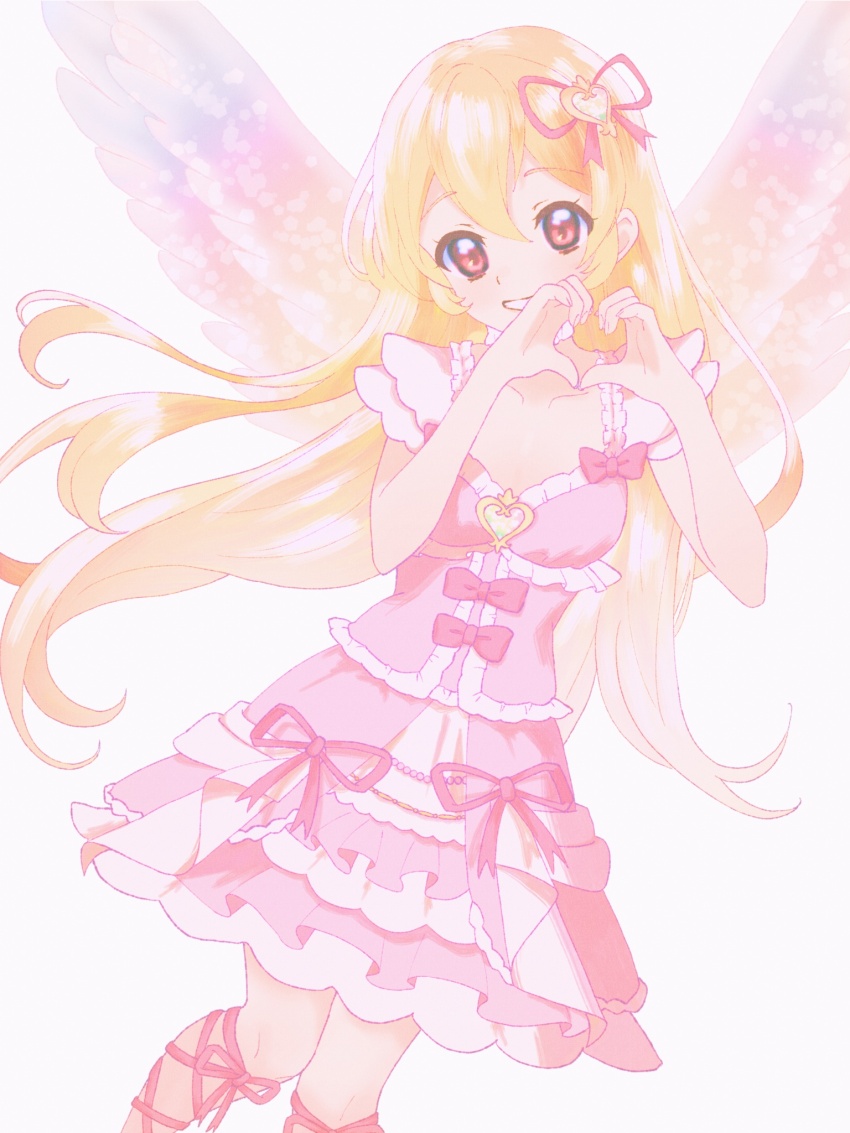 1girl aikatsu! aikatsu!_(series) blonde_hair bow dress fake_wings floating_hair frilled_dress frills grin hair_between_eyes hair_ribbon hands_up hashtag-only_commentary heart heart_hands highres hoshimiya_ichigo idol idol_clothes knees_together_feet_apart leg_ribbon long_hair medium_dress pink_bow pink_dress pink_ribbon pukoresu red_eyes ribbon simple_background sleeveless sleeveless_dress smile solo standing straight_hair white_background wings