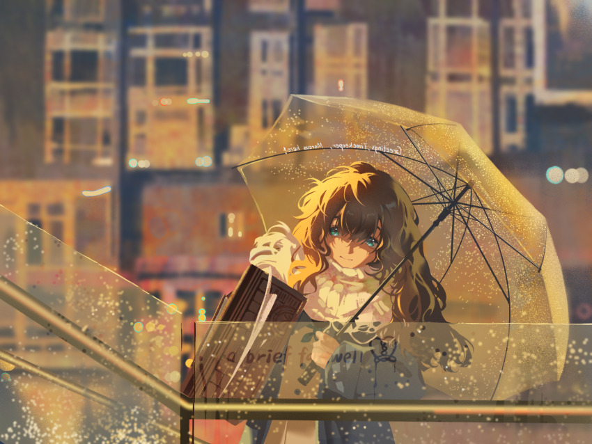 1girl blue_coat blue_eyes blurry blurry_background brown_hair building carrying carrying_under_arm closed_mouth coat fogged_glasses glass_writing highres hofmann_knot holding holding_suitcase holding_umbrella long_hair long_sleeves luojia_ying marcus_(reverse:1999) reverse:1999 scarf smile solo suitcase transparent transparent_umbrella umbrella upper_body white_scarf