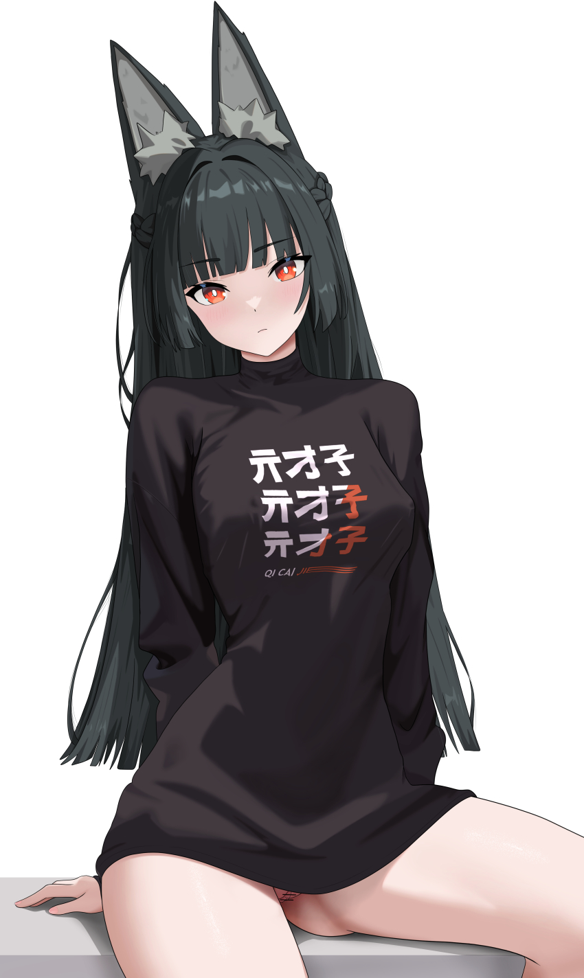 1girl absurdres animal_ear_fluff animal_ears bar_censor black_hair black_shirt blush bottomless braid breasts bright_pupils censored closed_mouth clothes_lift clothes_writing commentary english_commentary feet_out_of_frame fox_ears fox_girl half_up_braid highres hoshimi_miyabi ir_who long_hair looking_at_viewer medium_breasts orange_eyes pussy shirt simple_background sitting solo thighs variant_set white_background white_pupils zenless_zone_zero