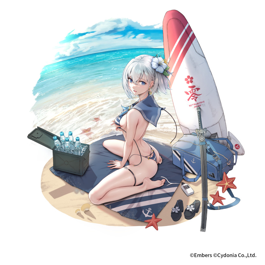 1girl ash_arms ass bare_shoulders barefoot beach between_legs bikini blue_eyes blue_sailor_collar bottle braid breasts butt_crack commentary_request earrings flower hair_between_eyes hair_flower hair_ornament hand_between_legs hand_on_breasts hand_on_ground hand_on_own_chest highres jewelry looking_at_viewer looking_to_the_side medium_breasts ocean oil open_mouth outdoors sailor_collar sand sandals shell footwear_flower shoes unworn_shoes short_hair silver_hair single_braid sitting skindentation solar_(happymonk) soles solo starfish swimsuit sword thigh_strap towel untied_bikini wariza water water_bottle weapon white_flower