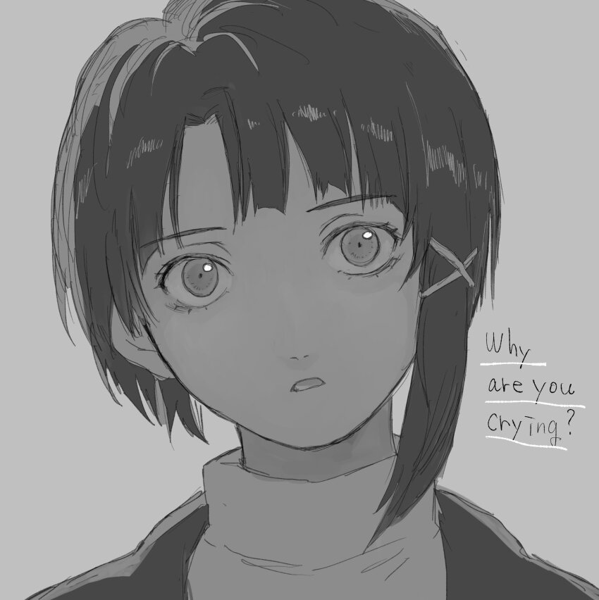 1girl close-up commentary constricted_pupils english_commentary eyelashes grey_background greyscale hair_ornament head_tilt highres iwakura_lain jacket karasumaichiu looking_at_viewer monochrome parted_lips portrait serial_experiments_lain short_hair short_hair_with_long_locks simple_background single_sidelock sketch solo tsuki_no_iwakasa turtleneck upturned_eyes x_hair_ornament