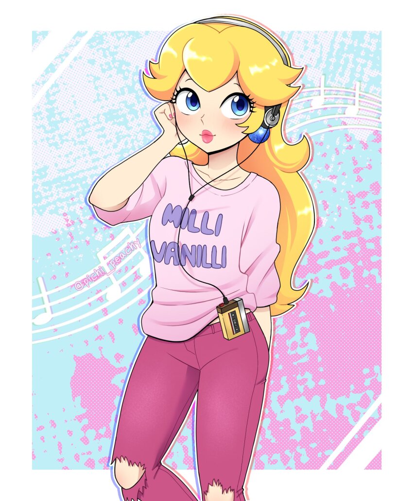 1girl alternate_hair_color artist_name bare_shoulders beamed_eighth_notes blonde_hair blue_background blue_eyes blue_outline border breasts casual closed_mouth clothes_writing collarbone cutoffs denim earrings eyelashes fingernails hand_on_headphones headphones highres jeans jewelry light_blush lips long_hair looking_away mario_(series) medium_breasts musical_note nail_polish nintendo outline pants pichi_peachy pink_background pink_lips pink_nails pink_shirt princess_peach purple_pants red_outline shirt sleeves_pushed_up smile solo musical_staff the_adventures_of_super_mario_bros._3 thick_lips twitter_username walkman white_background white_border white_outline