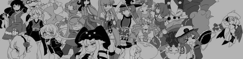 &gt;_&lt; 6+girls @_@ acquisitive_invader ahoge anchor_print annotation_request ascot bandages bandages_over_eyes beret blunt_bangs blush_stickers book_of_star_mythology braid canvas_of_music-colored_winds capelet champaign_of_unfinished_dreams character_request commentary copyright_request covered_eyes detached_sleeves dream_logical_world dress feathered_wings fengguan floating_hair flower flustered glasses gloom_(expression) glory_of_deep_skies greyscale hair_flaps hair_flower hair_ornament hairband hakama hand_up hat headdress heavenly_gathering_of_clouds highres holding holding_staff hollow_song_of_birds horns hugging_own_legs infinite_blade_pavilion japanese_clothes kimono kouzui_nua long_hair long_image lotus_hair_ornament low-tied_sidelocks marine_benefit military_uniform monochrome multiple_girls mystical_power_plant naval_uniform nervous obi obijime overskirt parody peach_hat_ornament peaked_cap priswocaer relayouter_(vocaloid) riverbed_soul_saver robe rolling_eyes rose sapphire_panlogism sash shining_shooting_star shirt short_dress short_hair shoulder_boards sidelocks simple_background skirt sleeveless sleeveless_shirt staff the_garden_of_sinners_(touhou) the_last_comer thighhighs touhou touhou_gishinreibyou treasure_castle_labyrinth two_side_up wide_image wide_sleeves wings wonderful_waking_world