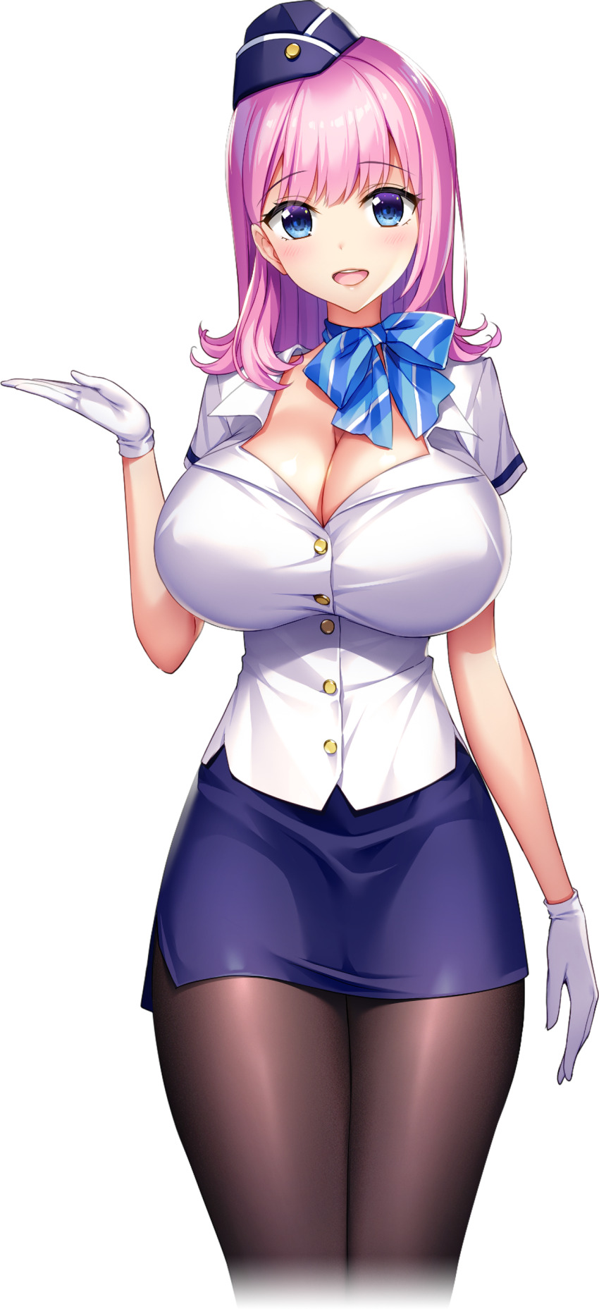 1girl absurdres black_pantyhose blue_eyes blue_ribbon blush bow bowtie breasts cleavage covered_erect_nipples derauea employee_uniform flight_attendant flight_attendant_hat game_cg garrison_cap gloves hat highres hiraoka_tamako huge_breasts large_breasts medium_hair milk_factory motto!_haramase!_honoo_no_oppai_chou_ero_appli_gakuen! neck_ribbon non-web_source official_art open_mouth outstretched_hand pantyhose pencil_skirt pink_hair ribbon shirt skirt smile solo sprite tachi-e transparent_background travel_attendant white_gloves white_shirt