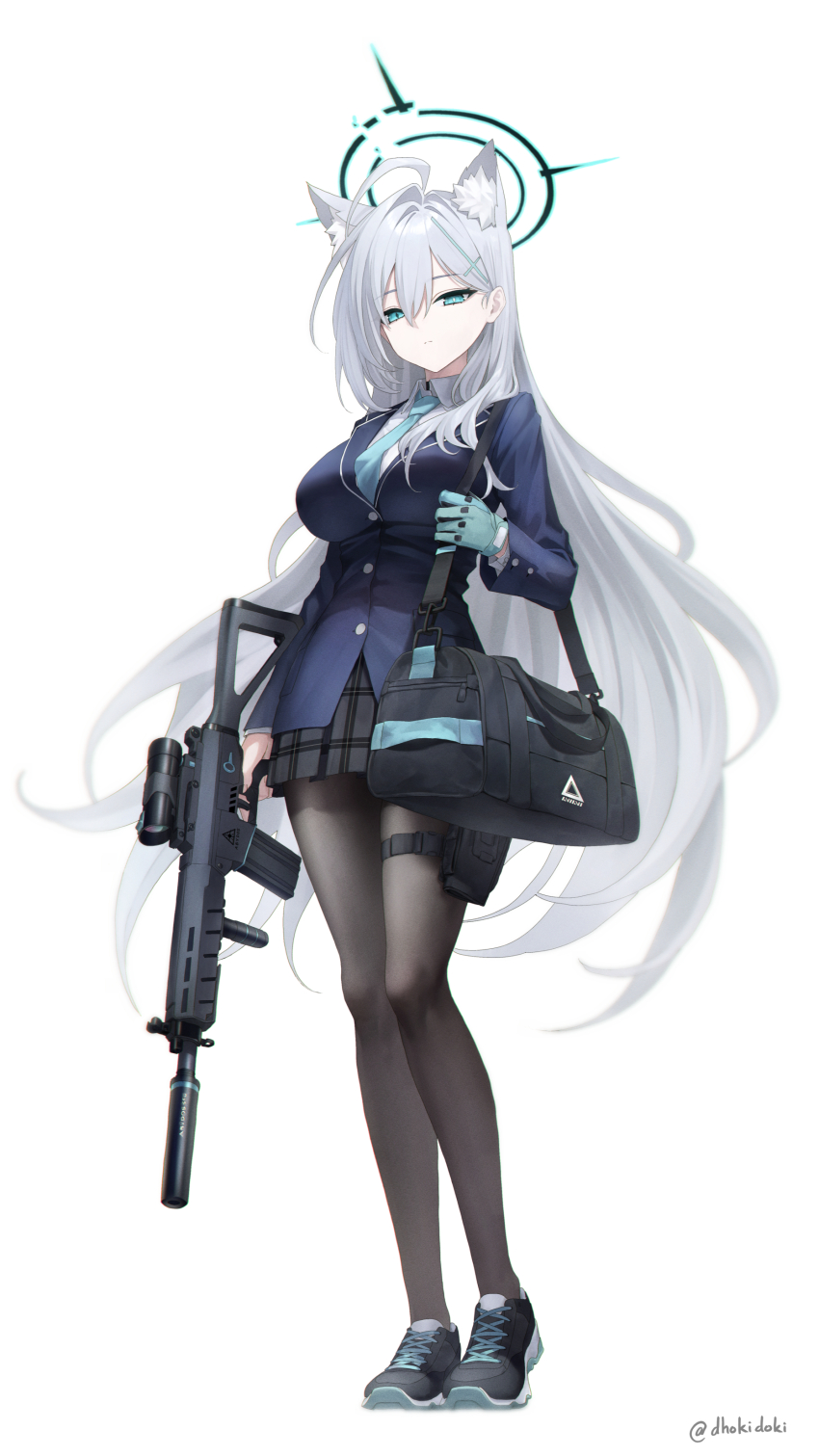 1girl absurdres alternate_costume animal_ears assault_rifle black_pantyhose black_skirt blue_archive blue_eyes blue_gloves blue_jacket blue_necktie breasts cosplay dhokidoki fox_ears gloves gun highres jacket large_breasts long_hair necktie pantyhose plaid_clothes plaid_skirt pouch rifle shiroko_(blue_archive) shiroko_(blue_archive)_(cosplay) shiroko_terror_(blue_archive) shirt sig_516 simple_background skirt solo thigh_pouch very_long_hair weapon white_background white_hair white_shirt