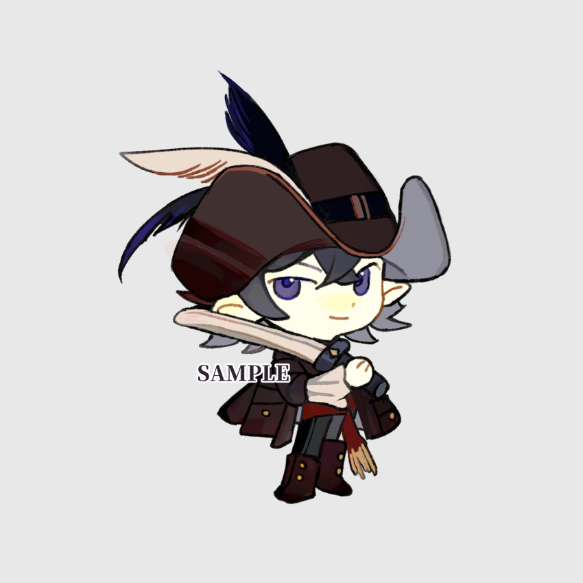 1boy aotu_world black_hair black_pants boots brown_boots brown_hat brown_jacket chibi chibi_only chinese_commentary chuanhua closed_mouth commentary_request grey_background hat hat_feather highres holding holding_sword holding_weapon jacket long_sleeves male_focus pants purple_eyes ray_(aotu_world) sample_watermark shirt short_hair simple_background smile solo sword watermark weapon white_shirt
