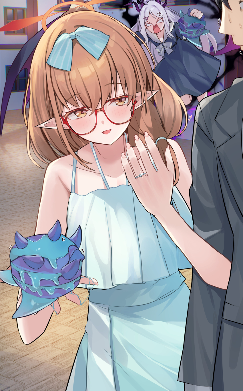 1boy 2girls absurdres alternate_costume anger_vein aura bare_arms bare_shoulders black_hair black_jacket black_pants blank_eyes blue_archive blue_bow blue_dress blush bow chinatsu_(blue_archive) creature dark_aura demon_girl demon_horns demon_wings dress glasses hair_bow highres hina_(blue_archive) holding holding_creature horns jacket jewelry mi_taro333 multiple_girls open_mouth pan-chan_(blue_archive) pants pointy_ears red-framed_eyewear ribbon ring sailor_collar sensei_(blue_archive) shouting sleeveless sleeveless_dress wedding_ring white_ribbon white_sailor_collar wings