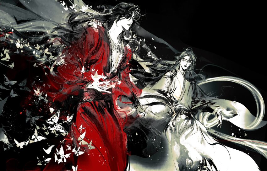 2boys bandaged_arm bandaged_neck bandages black_background black_hair braid bug butterfly chinese_clothes closed_mouth eyepatch faux_traditional_media fighting_stance floating_clothes floating_hair glowing_butterfly hair_bun hanfu highres holding_bandages hua_cheng ink_wash_painting insect jewelry kcllzas163 light_particles limited_palette long_hair long_sleeves looking_at_another male_focus multiple_boys necklace one_eye_covered open_mouth red_hanfu robe sash side_braid single_braid single_hair_bun smile spot_color standing third-party_source tianguan_cifu very_long_hair watercolor_effect white_butterfly white_hanfu wide_sleeves xie_lian