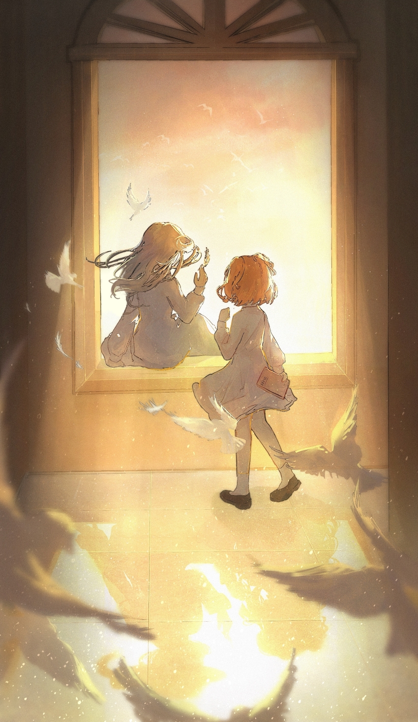 2girls absurdres aged_down backlighting bird black_footwear child different_reflection dress facing_away feathers from_behind full_body gradient_sky grey_hair hand_up highres holding holding_feather holding_notebook indoors long_hair long_sleeves mangxia_xiang_chi_mangguo multiple_girls notebook orange_hair orange_sky reflection reflective_floor reverse:1999 short_dress short_hair sitting_in_window sky socks sonetto_(reverse:1999) twilight vertin_(reverse:1999) walking white_bird white_dress white_socks window