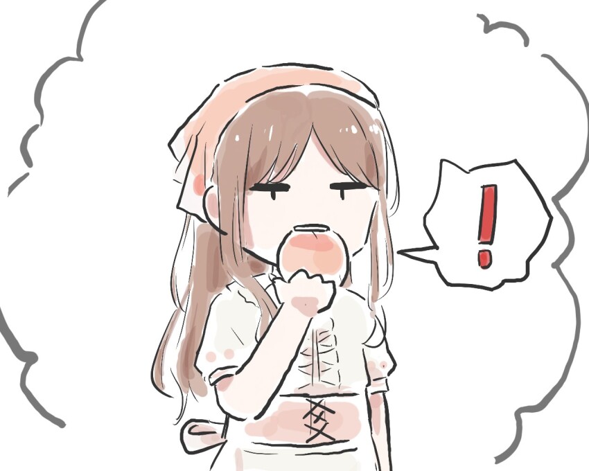 ! 1girl bang_dream! bang_dream!_it&#039;s_mygo!!!!! brown_hair center_frills commentary_request eating food frills fruit holding holding_food long_hair lyy nagasaki_soyo peach shirt sidelocks simple_background solo upper_body white_background white_shirt