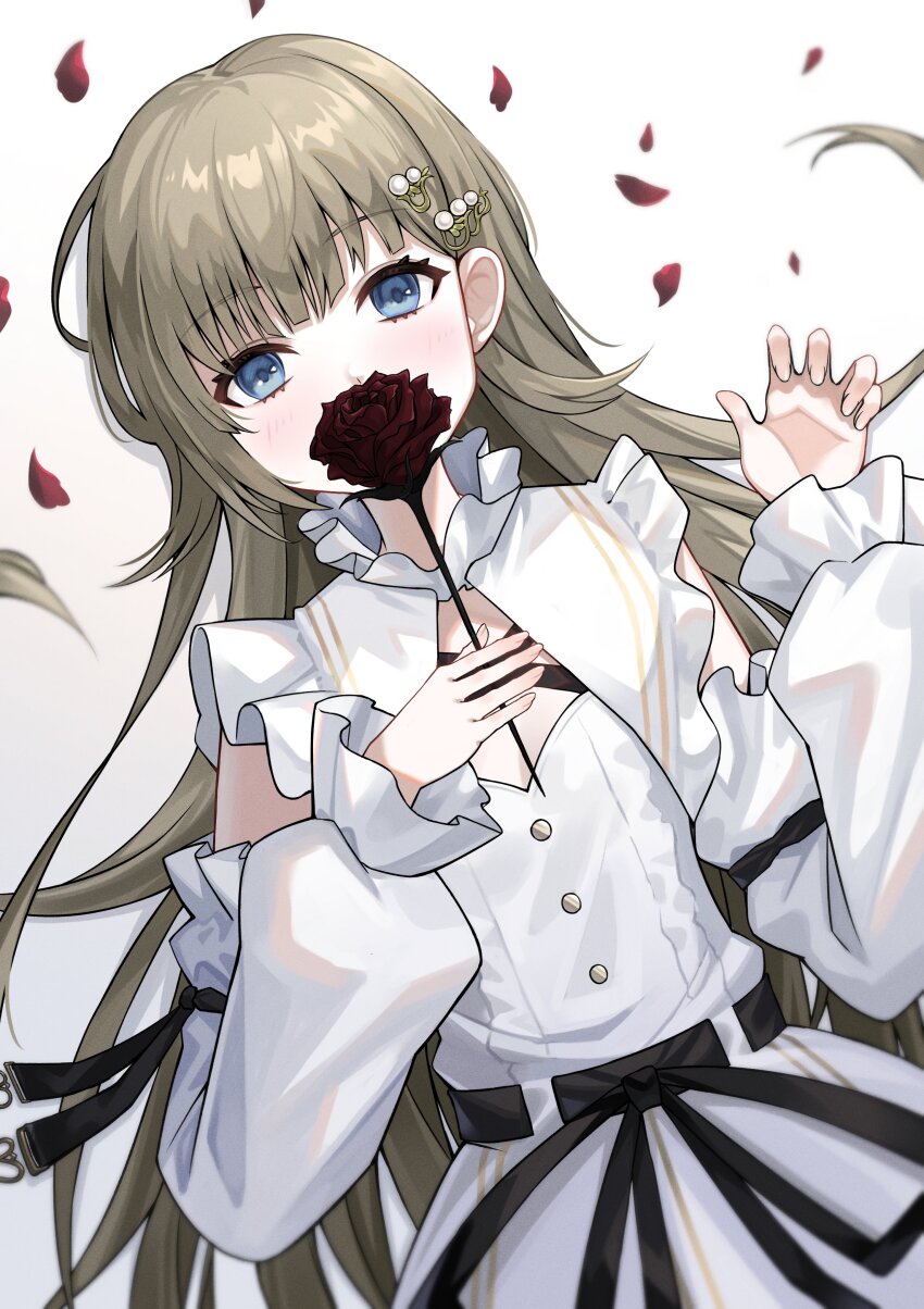 1girl absurdres blue_eyes blush brown_hair commentary covering_own_mouth detached_sleeves dress falling_petals flower hair_ornament hanabusa_lisa hanabusa_lisa_(1st_costume) hashtag-only_commentary highres holding holding_flower long_hair looking_at_viewer petals red_flower red_petals solo virtual_youtuber vspo! white_background white_dress ziu