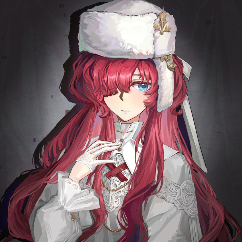 ._(4485052673) 1girl blue_eyes closed_mouth cross_tie fishnet_gloves fishnets gloves grey_background hair_over_one_eye hand_up hat highres long_hair long_sidelocks looking_at_viewer one_eye_covered red_hair reverse:1999 shadow shirt sidelocks solo upper_body ushanka very_long_hair vignetting white_gloves white_hat white_shirt yenisei_(reverse:1999)
