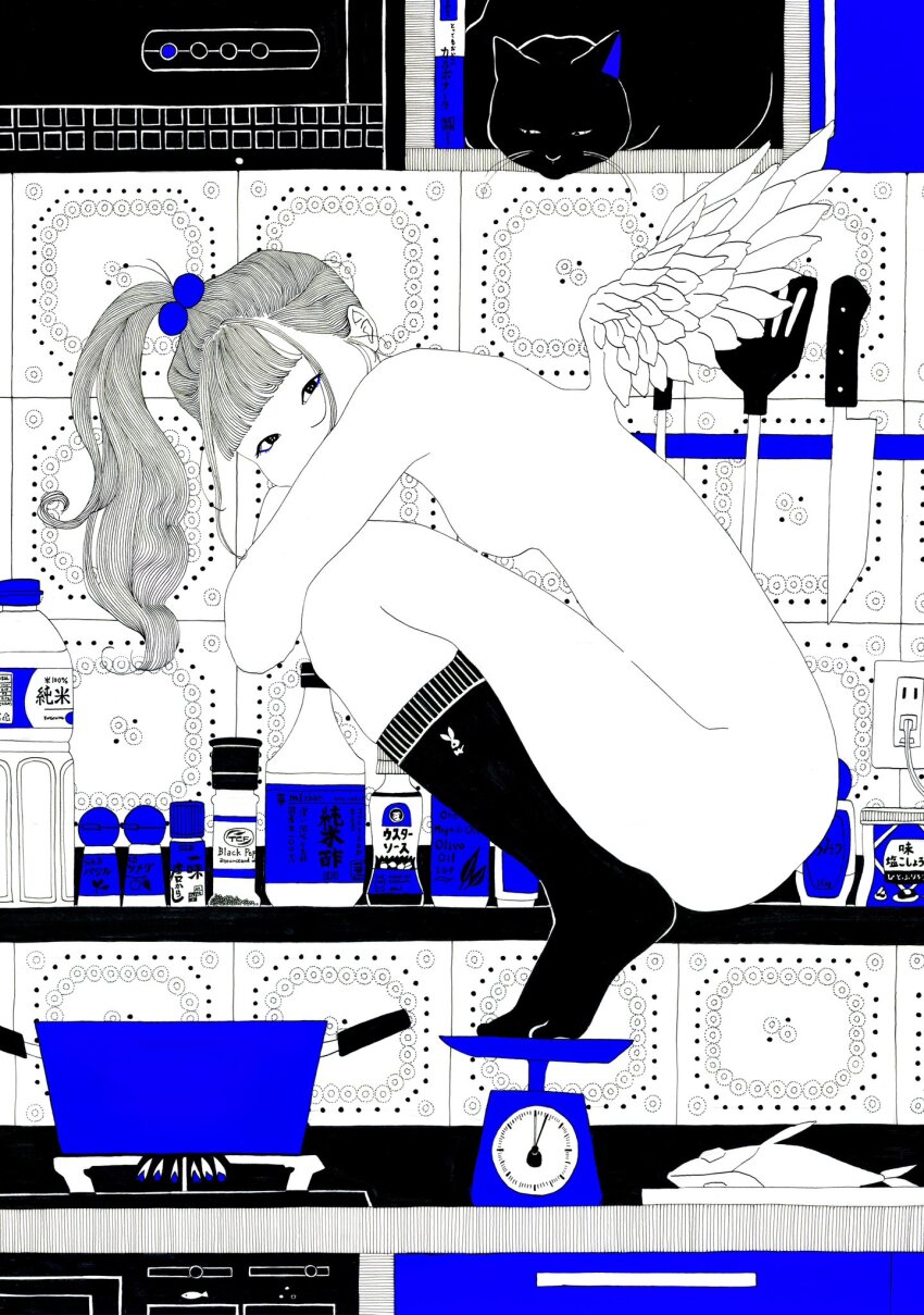 1girl angel bottle breasts cat cooking_pot electrical_outlet fire fish from_side full_body hair_bobbles hair_ornament highres hugging_own_legs ishimatsu_chiaki kitchen kitchen_knife kneehighs knife limited_palette monochrome nude original ponytail socks solo spatula spitz_(band) spot_color stove tile_wall tiles weighing_scale wings