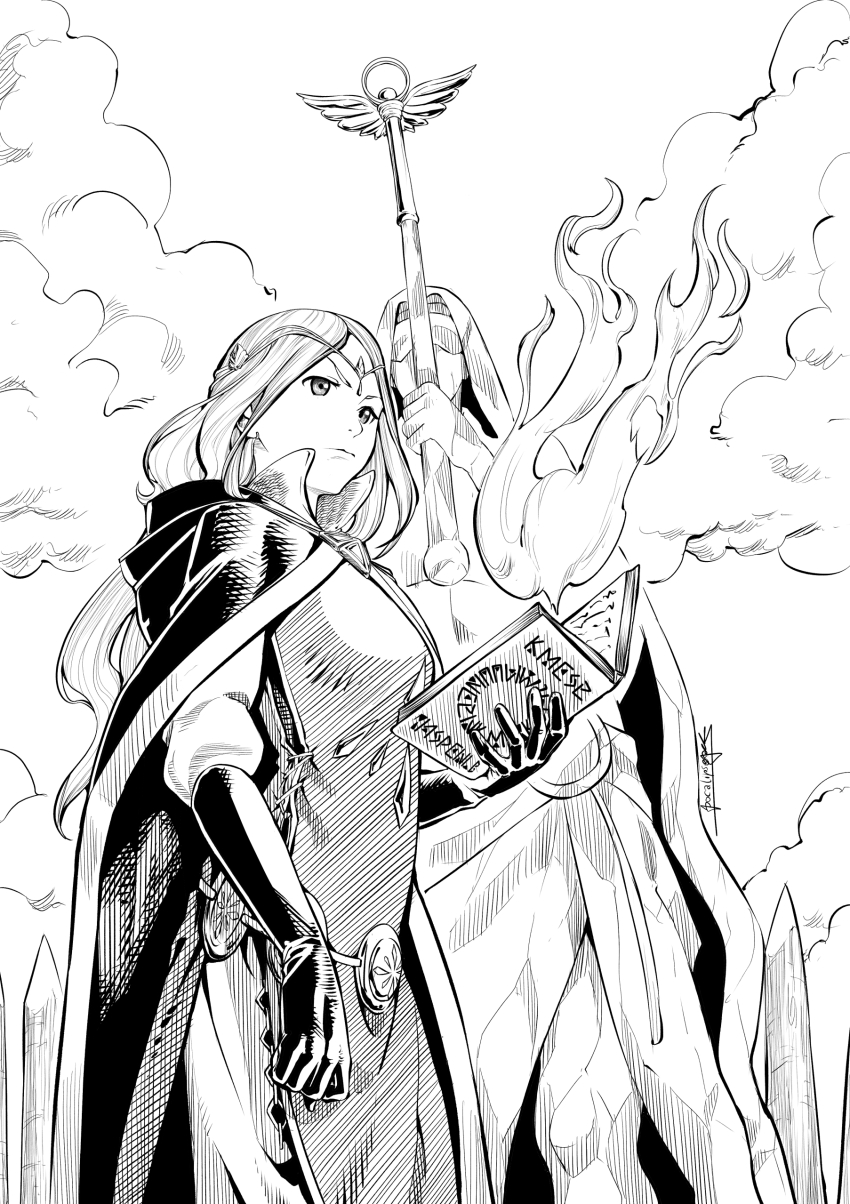 1girl absurdres apocalipsejack artist_name book cape closed_mouth cloud diadem fire frederica_aesfrost from_below gloves greyscale highres holding holding_book long_hair looking_ahead monochrome outdoors sky solo standing statue triangle_strategy witch