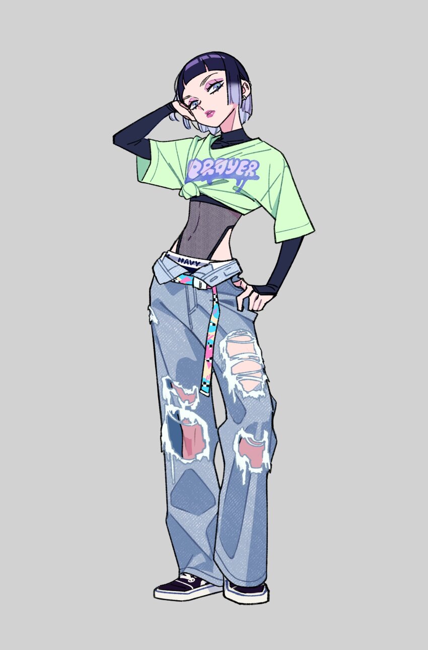 1girl absurdres belt denim earrings eyeshadow full_body girl_crush green_shirt grey_background highres jeans jewelry jiwoo_(girl_crush) looking_at_viewer makeup navel pants purple_hair shirt shoes short_hair simple_background sneakers solo t-shirt tayama_midori tied_shirt torn_clothes torn_jeans torn_pants