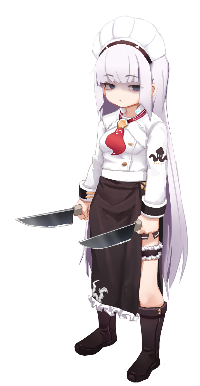 1girl absurdres aged_down black_boots black_shorts black_skirt blue_eyes blunt_bangs boots breasts closed_mouth commentary dual_wielding frilled_skirt frilled_thigh_strap frills full_body gradient_hair greentree grey_hair highres holding holding_knife knee_boots knife last_origin long_hair long_sleeves looking_at_viewer looking_to_the_side maid_headdress multicolored_hair necktie red_necktie shirt shorts side_slit simple_background skirt sleeve_cuffs small_breasts solo sowan_(last_origin) standing tachi-e thigh_strap very_long_hair white_background white_hair white_headwear white_shirt