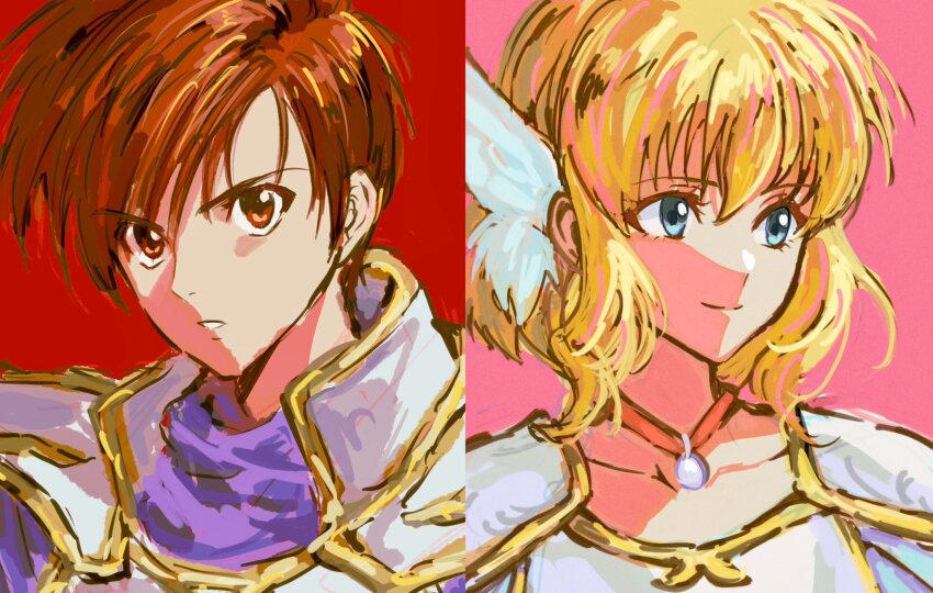 1boy 1girl armor blonde_hair blue_eyes bob_cut breastplate brown_eyes brown_hair collarbone edaori fire_emblem fire_emblem:_genealogy_of_the_holy_war fire_emblem:_thracia_776 hair_between_eyes high_collar highres jewelry leif_(fire_emblem) looking_at_viewer looking_to_the_side nanna_(fire_emblem) nintendo open_mouth pauldrons pink_background portrait purple_shirt red_background scale_armor shirt short_hair shoulder_armor side_part sidelocks smile turtleneck turtleneck_shirt v-shaped_eyebrows white_armor winged_hair_ornament