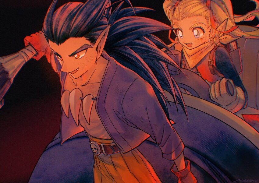 1boy 1girl antenna_hair backpack bag belt black_hair blonde_hair blood blood_on_face blue_eyes bone_necklace brown_gloves chinese_commentary club_(weapon) commentary_request dirty dirty_face dragon_quest dragon_quest_builders_2 dress driving earrings fang female_builder_(dqb2) floating_hair gloves hair_pulled_back hair_ribbon highres holding holding_club holding_weapon hoop_earrings jewelry looking_ahead low_ponytail mouyi neckerchief necklace on_vehicle open_clothes open_mouth open_shirt orange_pants pants pointy_ears ponytail purple_shirt red_belt red_eyes red_gloves red_ribbon ribbon scene_reference ship&#039;s_wheel shirt sidoh_(dqb2) skull_belt smile spiked_hair toned toned_male tooth_necklace twintails weapon yellow_neckerchief