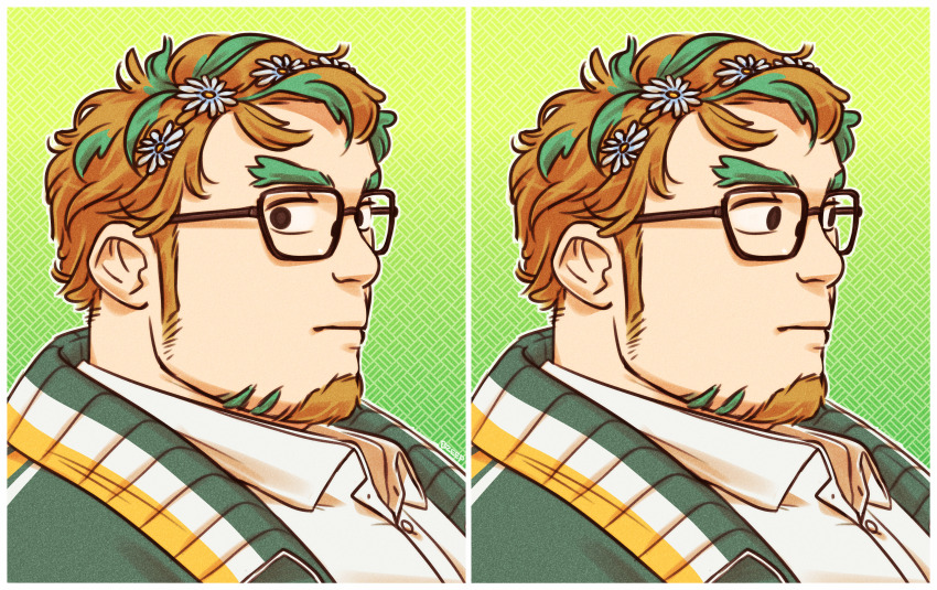 1boy absurdres averting_eyes bara blank_stare bpzeep chiseled_face collared_shirt empty_eyes facial_hair fat fat_man flower glasses goatee green_background green_hair hair_flower hair_ornament highres hippolytus_(housamo) light_brown_hair long_sideburns male_focus meme meme_request multicolored_hair multiple_views portrait shirt short_hair sideburns sideburns_stubble sideways_glance split_screen streaked_hair stubble thick_eyebrows tokyo_houkago_summoners two-tone_beard