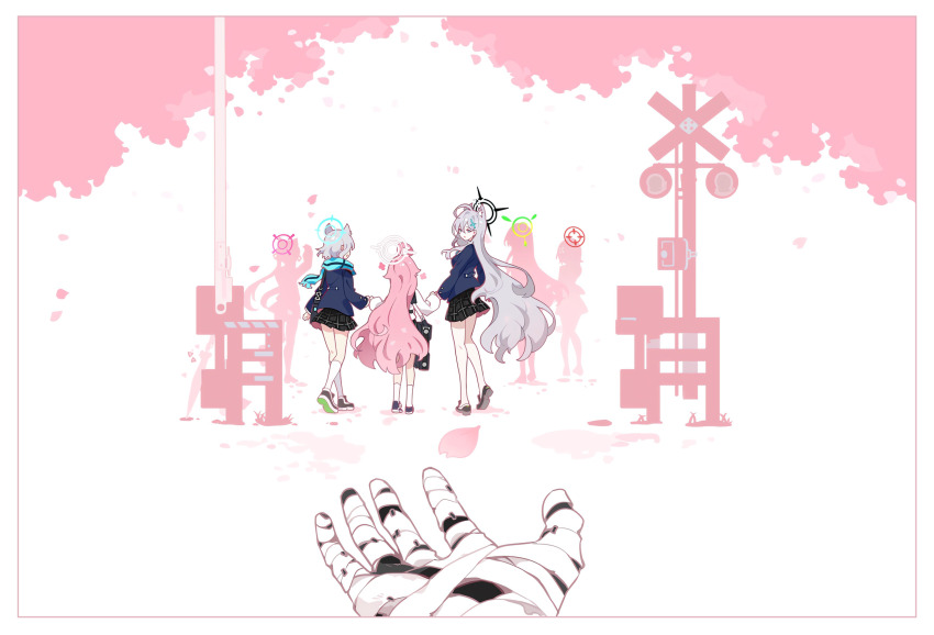 1other 3girls bandaged_hand bandages blazer blue_archive blue_scarf commentary_request dual_persona facing_away falling_petals foreclosure_task_force_(blue_archive) grey_hair halo highres holding_hands hoshino_(blue_archive) ideolo jacket letterboxed long_hair looking_at_viewer looking_back multiple_girls petals phrenapates_(blue_archive) pink_background pink_hair plaid_clothes plaid_skirt pov pov_hands railroad_crossing scarf shiroko_(blue_archive) shiroko_terror_(blue_archive) silhouette skirt two-tone_background walking white_background