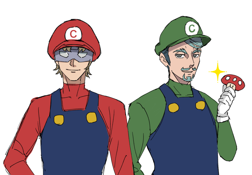 2boys blonde_hair blue_hair blue_overalls challia_bull char_aznable commentary_request cosplay facial_hair gloves green_sweater gundam gundam_gquuuuuux highres holding holding_mushroom looking_at_viewer luigi luigi_(cosplay) male_focus mario mario_(cosplay) mario_(series) mobile_suit_gundam multiple_boys mushroom mustache nintendo overalls red_sweater sabi1234 short_hair simple_background smile super_mushroom sweater upper_body white_background white_gloves