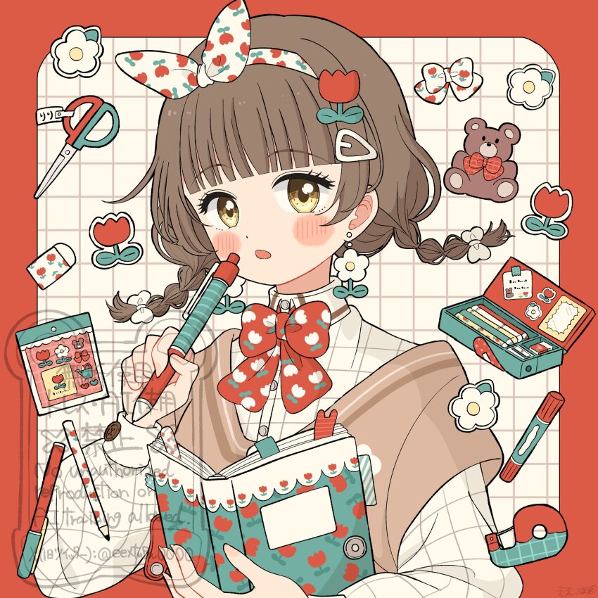1girl blunt_bangs blush_stickers book border bow bow_hairband bowtie braid brown_hair brown_vest collared_shirt commentary eeppa floral_print flower grid_background hairband highres holding holding_book holding_pen long_sleeves looking_at_viewer marker open_book open_mouth original outside_border pen print_bow print_bowtie red_border red_bow red_bowtie red_flower red_tulip shirt short_hair solo symbol-only_commentary tulip twin_braids upper_body vest white_background white_hairband white_shirt yellow_eyes