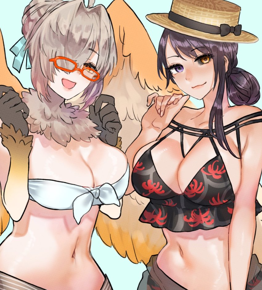 2girls animal_hands babalon_(housamo) bikini black_bikini black_hair black_sclera blue_background boater_hat breasts brown_hair collarbone colored_sclera feathered_wings feathers floral_print front-tie_bikini_top front-tie_top glasses hair_bun hair_intakes hair_over_one_eye harpy hat heterochromia highres large_breasts looking_at_viewer monster_girl multiple_girls navel neck_fur neck_ruff official_alternate_costume open_mouth pale_skin purple_eyes red-framed_eyewear shiratori_yokikana simple_background single_hair_bun single_sidelock smile spider_lily_print swimsuit tokyo_houkago_summoners upper_body white_bikini white_feathers wings yellow_eyes ziz_(housamo)