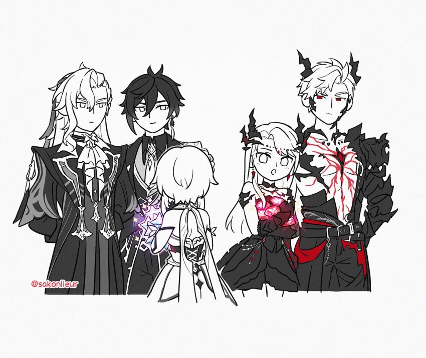 2girls 3boys antennae arms_behind_back ascot blush brooch closed_mouth coat collared_shirt cowboy_shot diadem dragon_horns earrings genshin_impact gold_trim greyscale horns jewelry long_hair love_and_deepspace low_ponytail lumine_(genshin_impact) monochrome multiple_boys multiple_girls necktie neuvillette_(genshin_impact) open_mouth pectorals ponytail primogem protagonist_(love_and_deepspace) sakon04 shirt smile spot_color sylus_(love_and_deepspace) trait_connection very_long_hair zhongli_(genshin_impact)