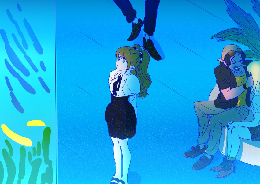 2boys 2girls absurdres alternate_costume aquarium black_skirt blonde_hair blue_eyes brown_hair charlotte_pudding couple hetero highres kaya_(one_piece) long_hair multiple_boys multiple_girls one_piece puffy_sleeves rita_ya sanji_(one_piece) skirt twintails usopp walking