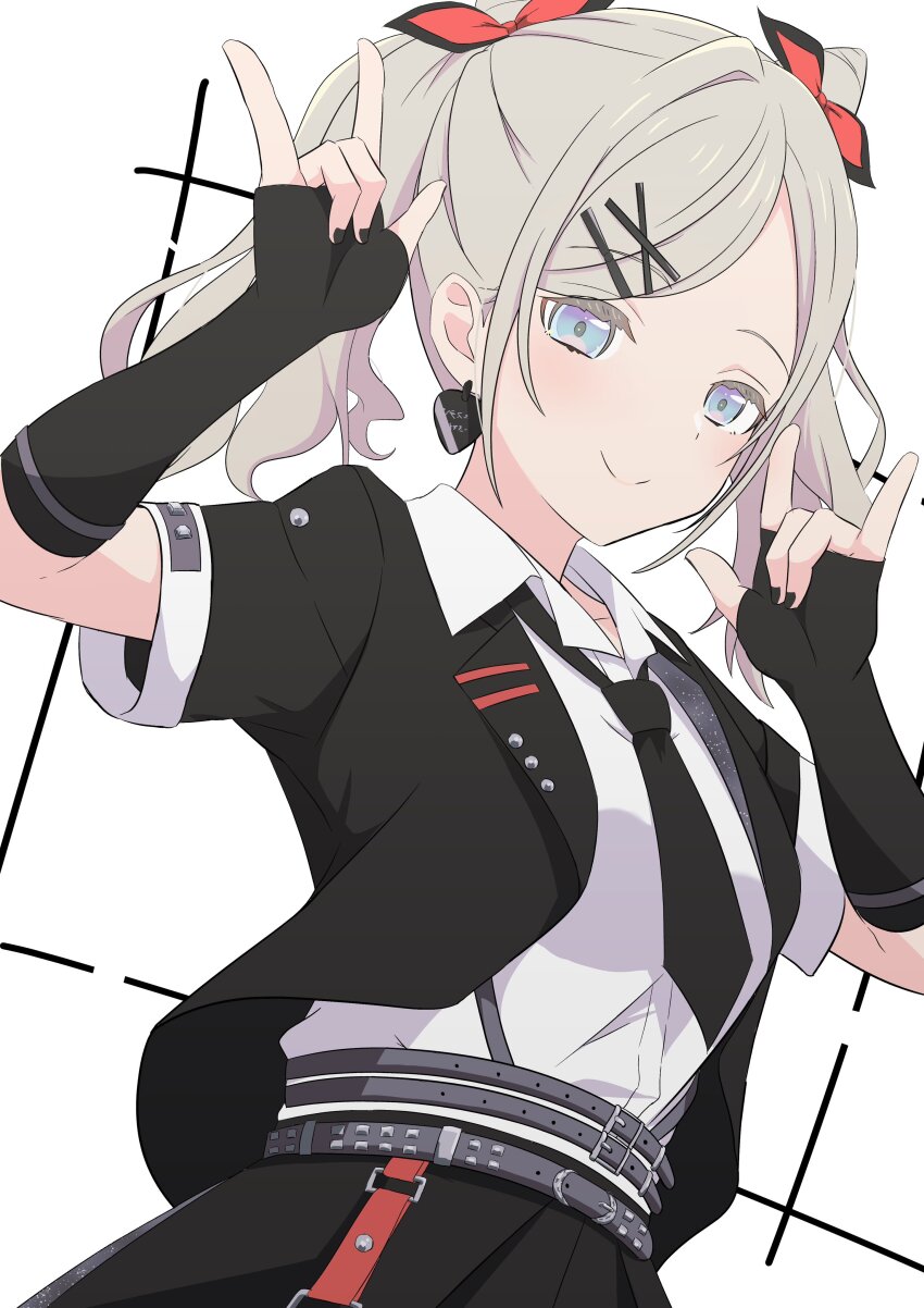 1girl \m/ absurdres black_jacket black_necktie black_skirt blue_eyes breasts ceras_yanagida_lilienfeld closed_mouth collared_shirt commentary_request cone_hair_bun double_\m/ double_bun dress_shirt earrings grey_hair hair_bun hair_ornament hairclip highres i_do_me!_(love_live!) jacket jewelry large_breasts link!_like!_love_live! love_live! medium_hair necktie official_alternate_costume official_alternate_hairstyle open_clothes open_jacket pleated_skirt shirt short-sleeved_jacket short_sleeves skirt smile solo split_mouth twintails virtual_youtuber white_background white_shirt x_hair_ornament zanpon
