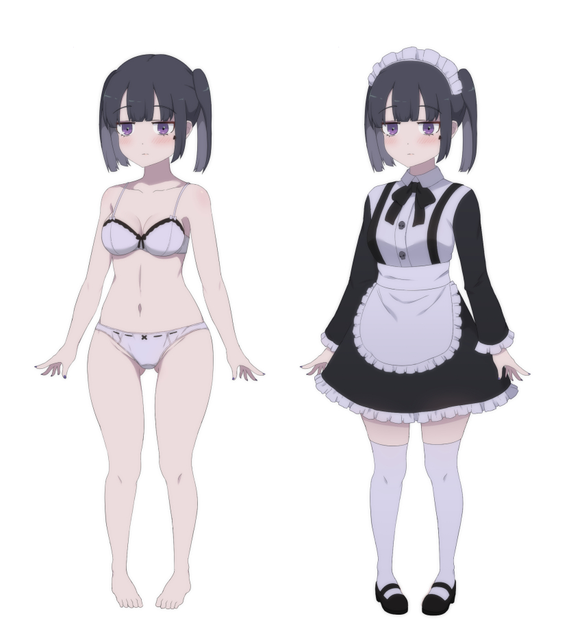 1girl apron aren&#039;t_grim_reapers_supposed_to_be_scary bikini black_dress black_footwear black_hair buttons reference_sheet collarbone collared_dress colored_inner_hair dot_nose dress expressionless eyeshadow facial_tattoo frilled_apron frilled_dress frills gluteal_fold grey_hair highres intoh_(kamuo) kamuo lace lace-trimmed_bikini lace_trim light_blush maid maid_apron maid_headdress makeup mary_janes multicolored_hair navel petite purple_eyes purple_eyeshadow purple_nails raised_eyebrows shoes short_hair spaghetti_strap suspenders swimsuit tachi-e tattoo thighhighs twintails two-tone_hair white_apron white_bikini white_thighhighs