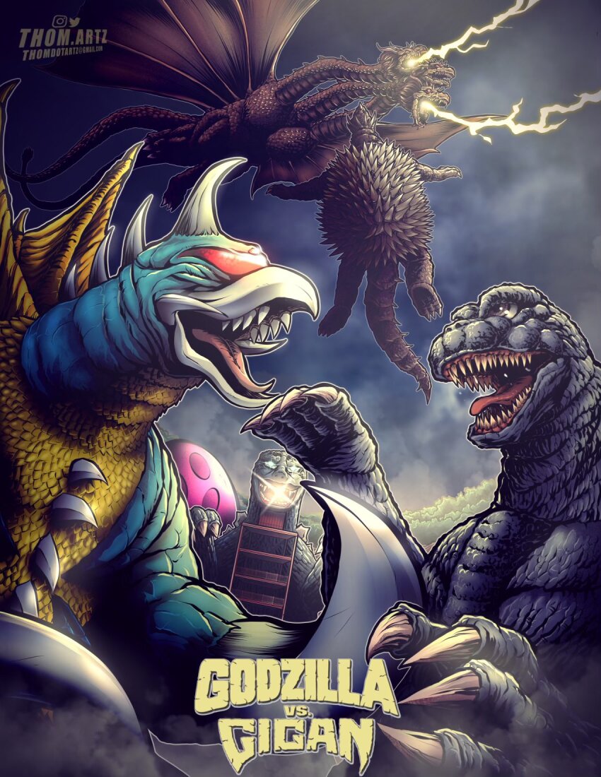 alien amusement_park anguirus beak biting breath_weapon buzzsaw_(tool) claws cloud cloudy_sky conjoined cyborg dinosaur dragon electricity energy energy_beam english_text extra_tails flying full_body gigan glowing glowing_eyes glowing_mouth godzilla godzilla_(series) godzilla_tower godzilla_vs._gigan gravity_beam highres horns hydra kaiju king_ghidorah mandibles mane mouth_beam multiple_heads night no_humans one-eyed open_mouth overcast red_eyes roaring sharp_teeth signature sky space_monster spikes tail teeth thomdotartz toho tongue tree wings