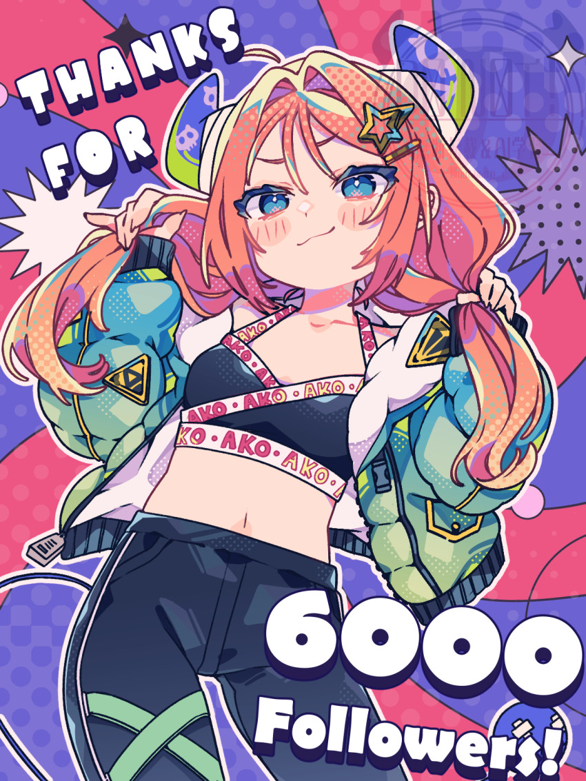 1girl ahoge ako-chan_(notamaru_2) black_pants blue_eyes blush_stickers closed_mouth commentary cowboy_shot crop_top green_horns green_jacket hair_ornament highres holding holding_own_hair horns jacket long_hair long_sleeves looking_at_viewer midriff milestone_celebration navel notamaru_2 open_clothes open_jacket original outline pants pink_background purple_background red_hair smile solo star_(symbol) star_hair_ornament two-tone_background watermark white_outline