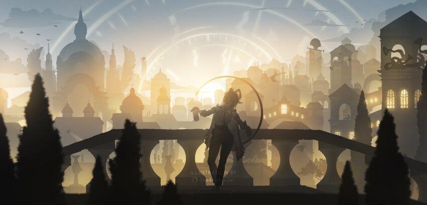 1girl against_railing architecture arm_pouch armband artist_logo artist_name breasts can commentary curled_horns demon_tail drink_can english_commentary gloves high-waist_pants highres holding holding_can horns large_breasts logo long_hair necktie outdoors pants railing shade_of_a_cat shirt silhouette solo sunrise tail tight_clothes tight_pants wide_shot wuthering_waves zani_(wuthering_waves)
